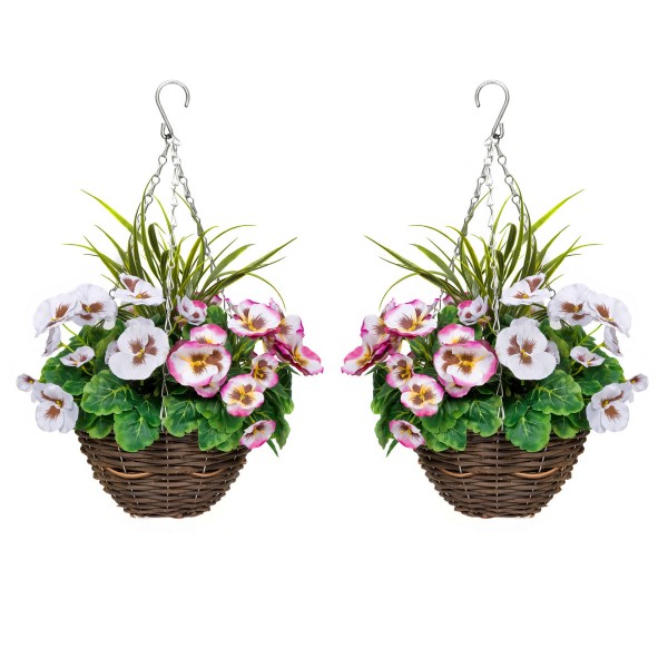Artificial Soft Pink & White Pansy Round Rattan Hanging Basket  (Set of 2)