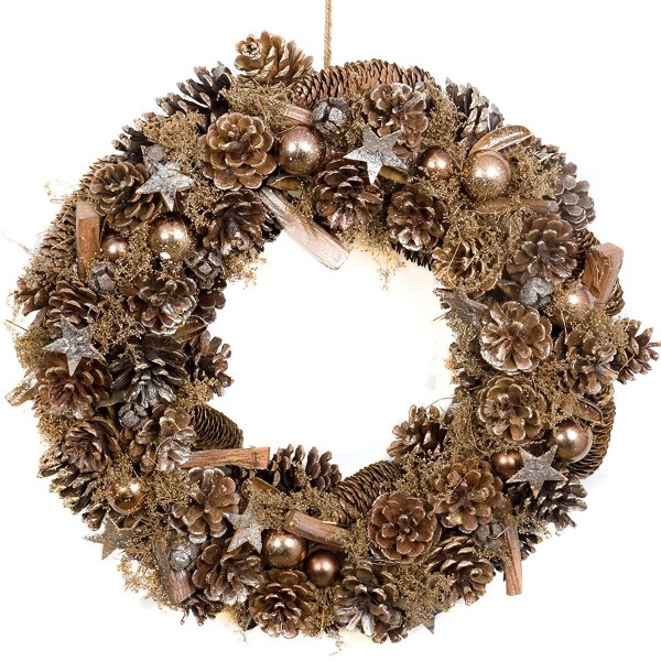 Christmas Hanging Wreath Festive Rose Gold Display with Pine Cones 48cm