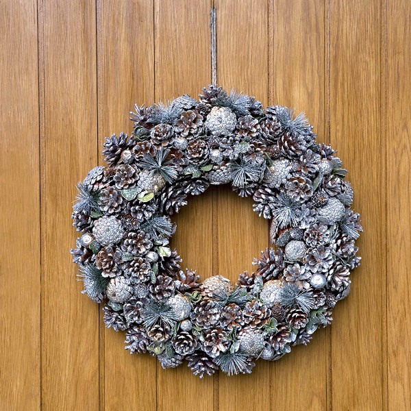 Christmas Hanging Wreath Festive Silver Display with Pine Cones 48cm