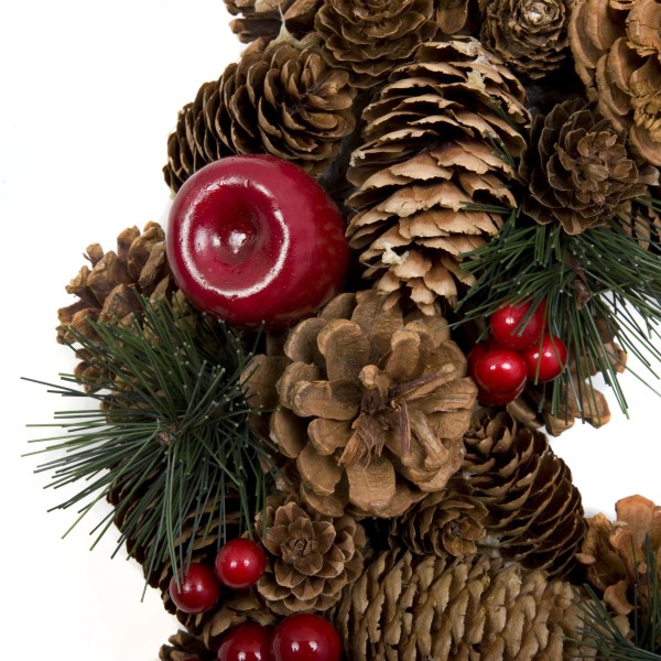 GreenBrokers Christmas Hanging Wreath 32cm Festive Pine Cones & Red Berries D1224