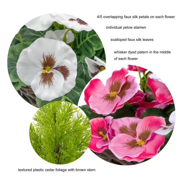 Artificial Pink & White Pansy Rattan Patio Planter 60cm/24in (Set of 2) - GB1015
