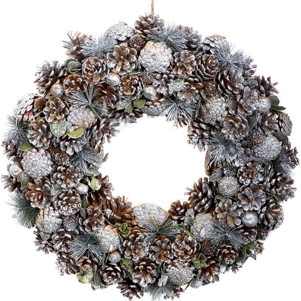 Christmas Hanging Wreath Festive Silver Display with Pine Cones 48cm