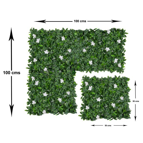 Artificial Green Wall Hedge with Dark Leaf Foliage and White Flowers Pack of 4 x 50cm/20in - A1136