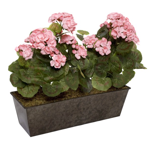 Artificial Pink Geraniums in Rustic Tin Window Box 45cm/18in