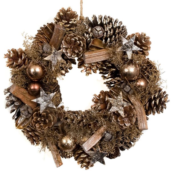 Christmas Hanging Wreath Festive Rose Gold Display with Pine Cones 30cm