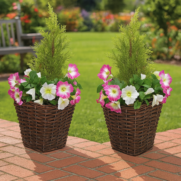 Artificial Pink & White Petunia Rattan Patio Planters 60cm/24in (Set of 2) - GB1192