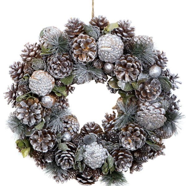 GreenBrokers Christmas Wreath 38cm Silver Pine Cones Fir Sprigs & Baubles D1231