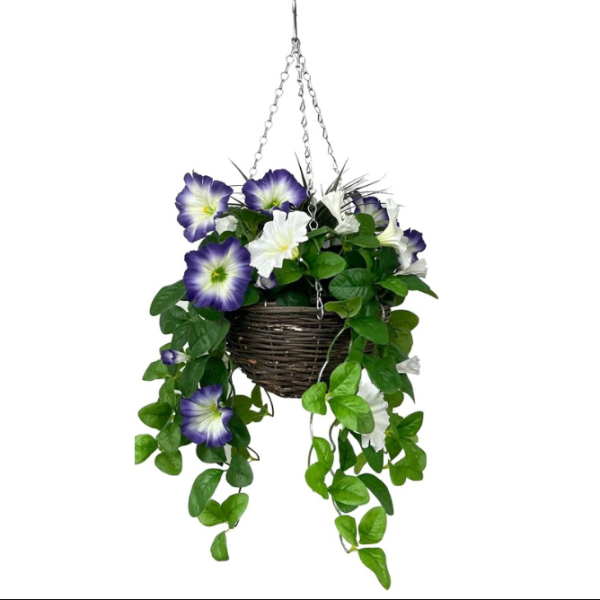 Artificial Purple & White Petunia Round Rattan Hanging Basket (25cm) -  GB1429