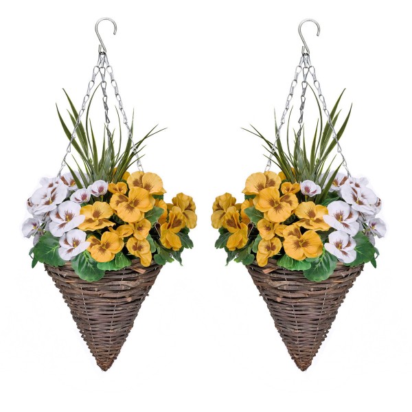 Artificial Yellow & White Pansy Cone Shaped Rattan Hanging Basket (Set of 2)