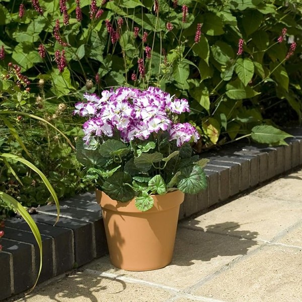  Artificial Terracotta Plastic Patio Planter with White and Purple Geraniums 50cm/20in - A1086