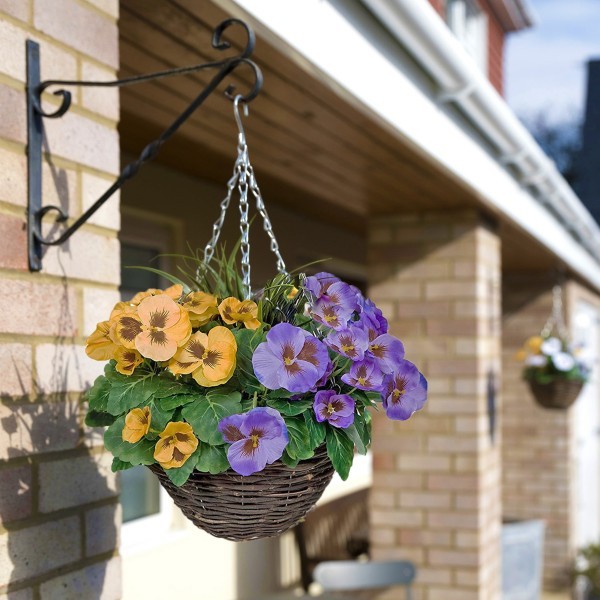 Artificial Purple & Yellow Pansy Round Rattan Hanging Basket (Set of 2) - GB1010