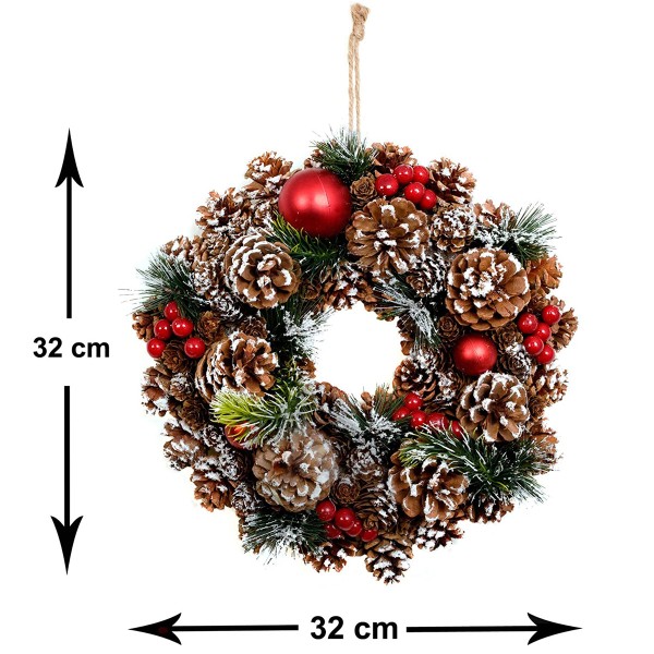 GreenBrokers Christmas Hanging Wreath 32cm Pine Cones with White Frosting D1221