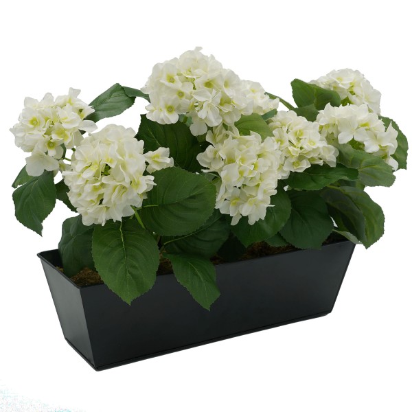 Artificial White Hydrangea in Black Metal Window Box