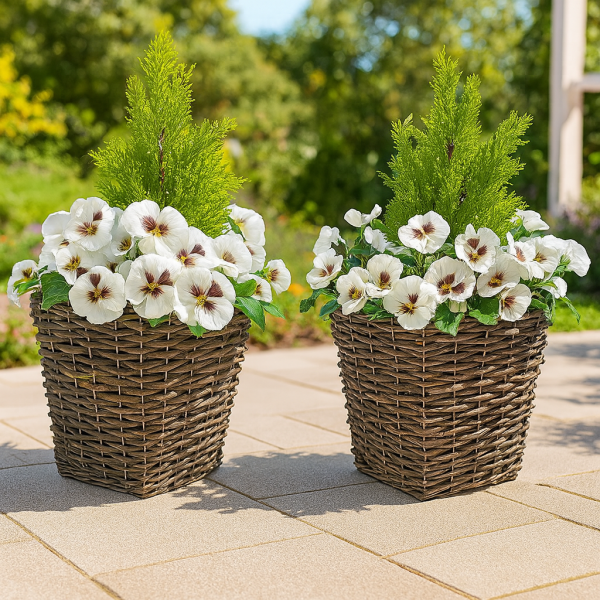 Artificial White Pansy Conifer Rattan Patio Planter  60cm/24in (Set of 2) - GB1014