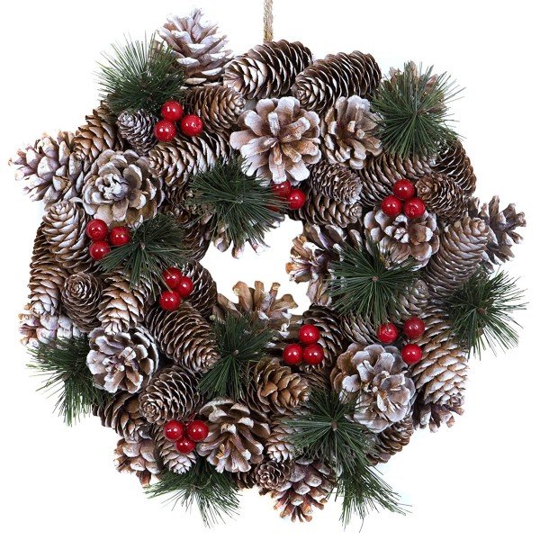 Christmas Hanging Wreath Festive Pine Cone Display Subtle White Frosting 30cm