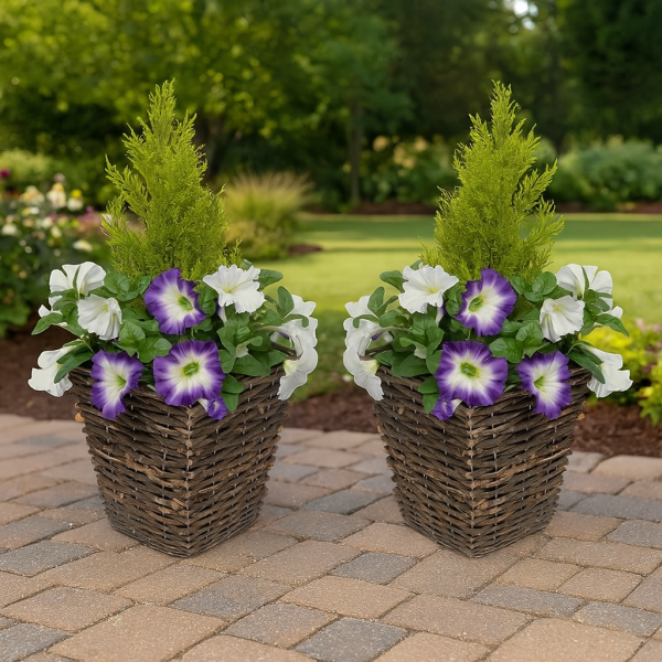 Artificial Purple & White Petunia Rattan Patio Planters 60cm/24in (Set of 2) - GB1193