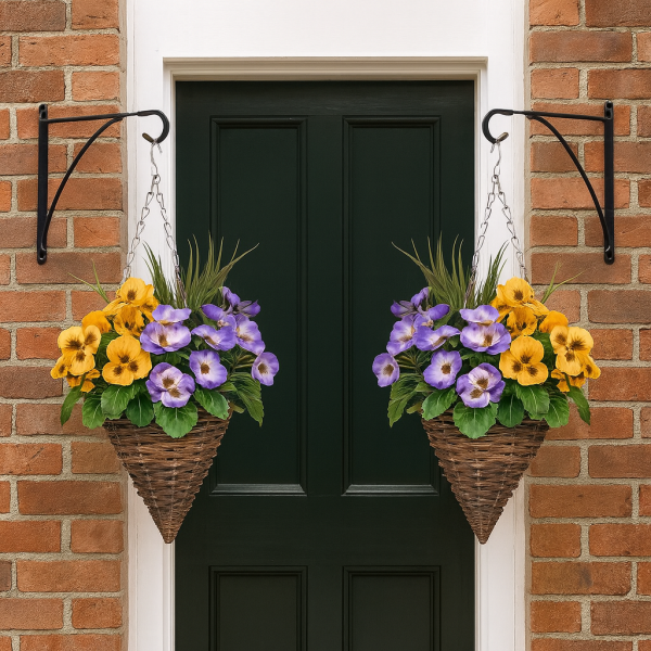 Artificial Purple & Yellow Pansy Cone Shaped Rattan Hanging Basket (Set of 2) - GB1009