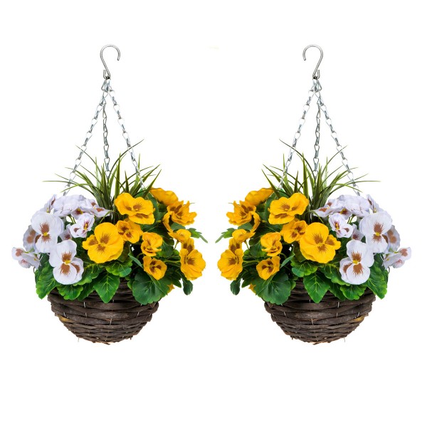 Artificial Yellow & White Pansy Round Rattan Hanging Basket (Set of 2)