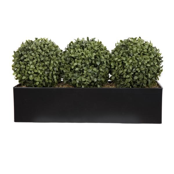 Artificial Topiary Triple Ball Aglaia Boxwood in Black Straight Tin Window Box 54cm/21in - GB1067