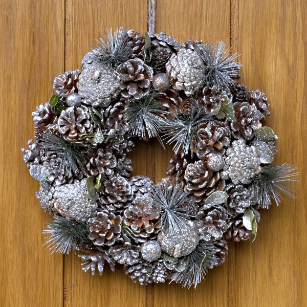 GreenBrokers Christmas Wreath 30cm Silver Pine Cones Fir Sprigs & Baubles D1230