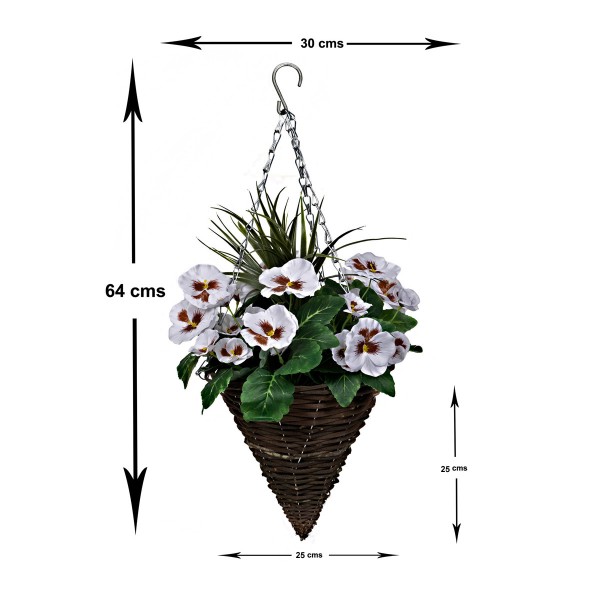 Artificial White Pansy Cone Shaped Rattan Hanging Basket (Set of 2)