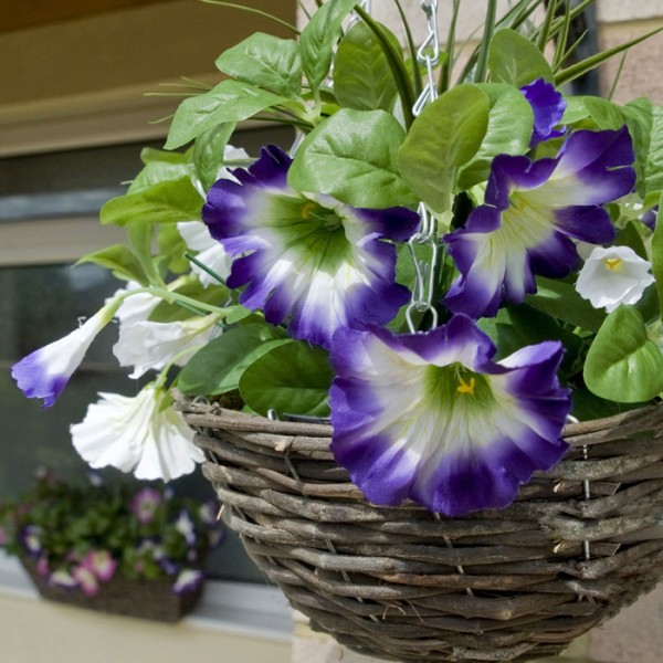 Artificial Pink & Purple Round Rattan Petunia Hanging Baskets (Set of 2)