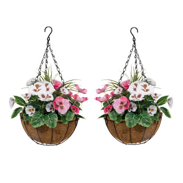 Artificial Pink & White Round Coir Hanging Basket (Set of 2)