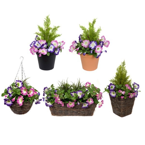 Artificial Pink & Purple Petunia Rattan Patio Planters 60cm/24in (Set of 2) - A1190