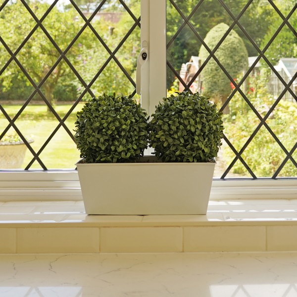Artificial Topiary Double Ball Aglaia Boxwood in White Slanted Tin Window Box 35cm/14in - GB1057