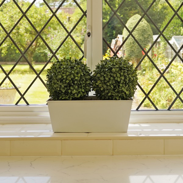 Artificial Topiary Double Ball Aglaia Boxwood in White Slanted Tin Window Box 35cm/14in