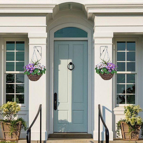 Artificial Purple & White Pansy Round Rattan Hanging Baskets (Set of 2) GB1013