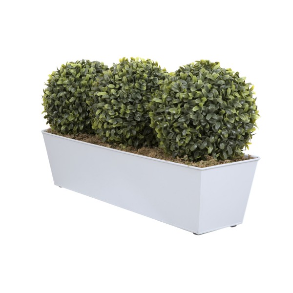 Artificial Topiary Triple Ball Aglaia Boxwood in White Slanted Tin Window Box 54cm/21in
