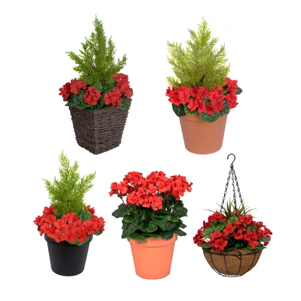 Artificial Red Geranium Rattan Patio Planters (Set of 2) 60cm/24in - GB1256