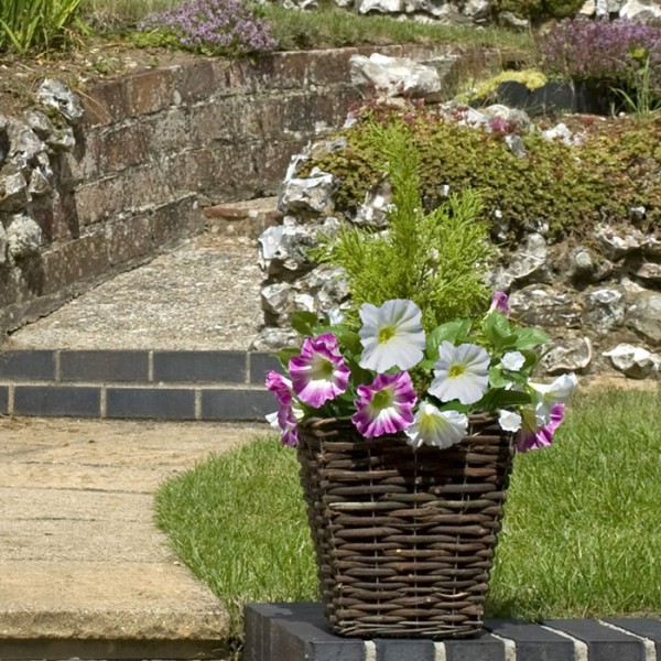 Artificial Dark Purple & White Petunia Rattan Patio Planters 60cm/24in (Set of 2)