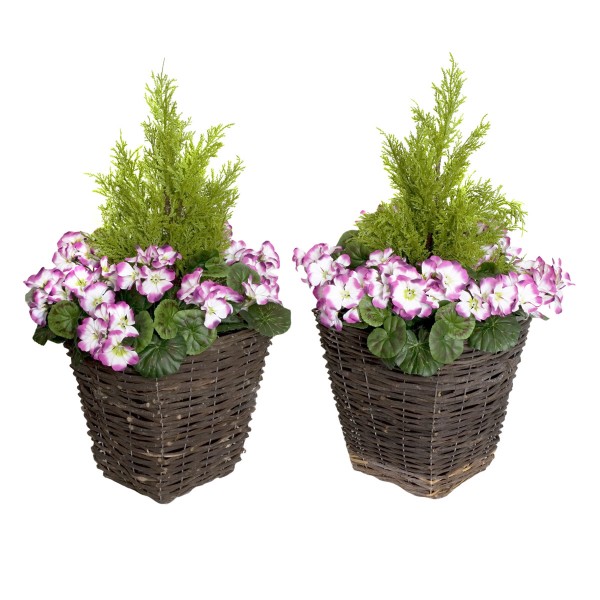 Artificial Purple Geranium Rattan Patio Planters (Set of 2) 60cm/24in - GB1258