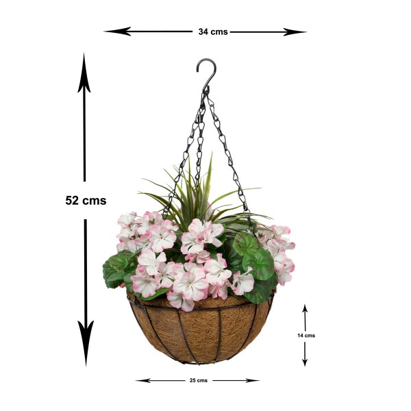 Artificial Pink Geranium Round Coir Hanging Basket (Set of 2) 