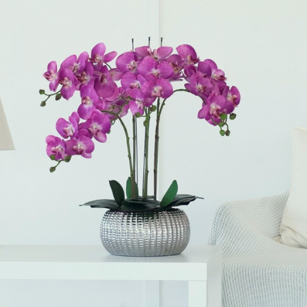 Elegant Large Six Stem Butterfly Purple Real Touch Artificial Potted Orchid (65cm) in Decorative Silver Ceramic Pot A1319