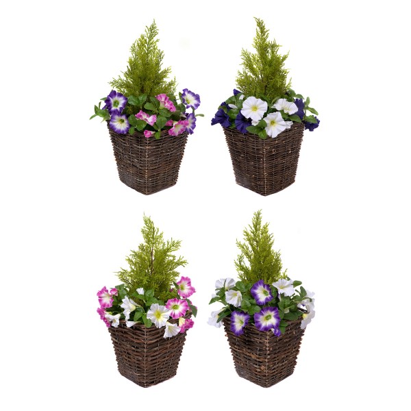 Artificial Dark Purple & White Petunia Rattan Patio Planters 60cm/24in (Set of 2)