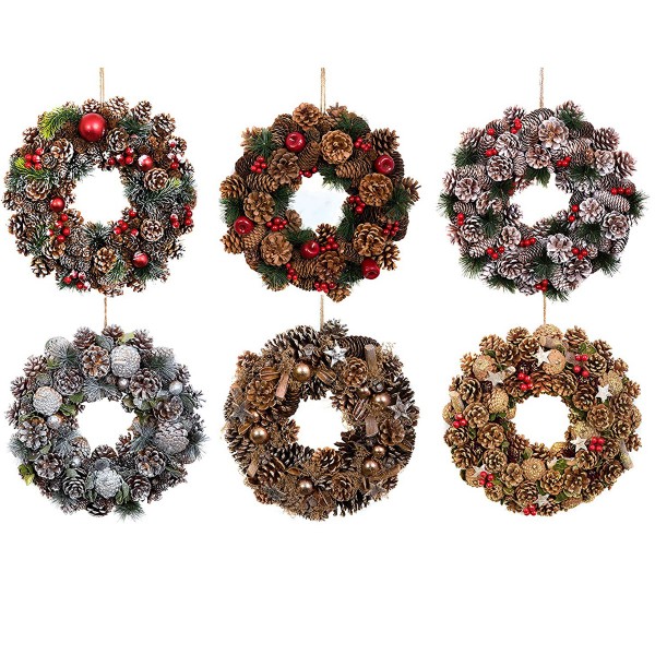 Christmas Hanging Wreath Festive Rose Gold Display with Pine Cones 36cm 