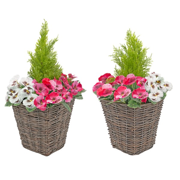 Artificial Pink & White Pansy Rattan Patio Planter 60cm/24in (Set of 2)