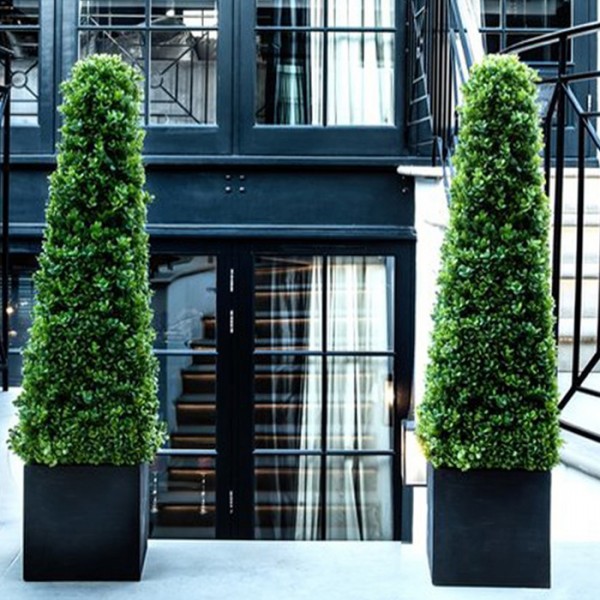 Artificial Boxwood Pyramid Trees in Black Square Planter 90cm/3ft (Set