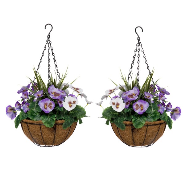 Artificial Purple & White Round Coir Hanging Basket  (Set of 2) 