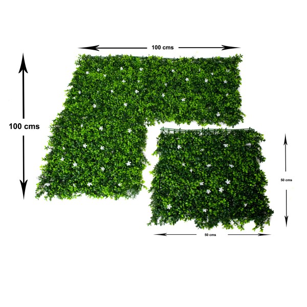 Artificial Green Wall Hedge with Green Leaf Foliage and White Flowers Pack of 4 x 50cm/20in