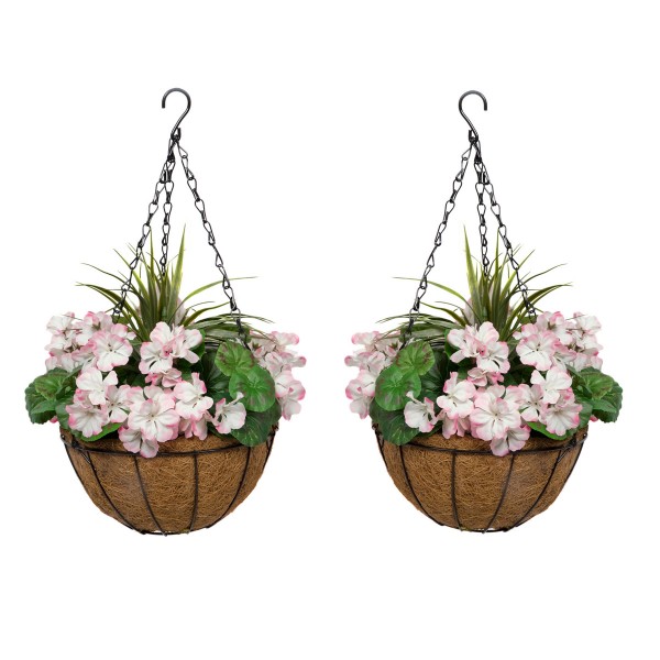 Artificial Pink Geranium Round Coir Hanging Basket (Set of 2) - GB1188