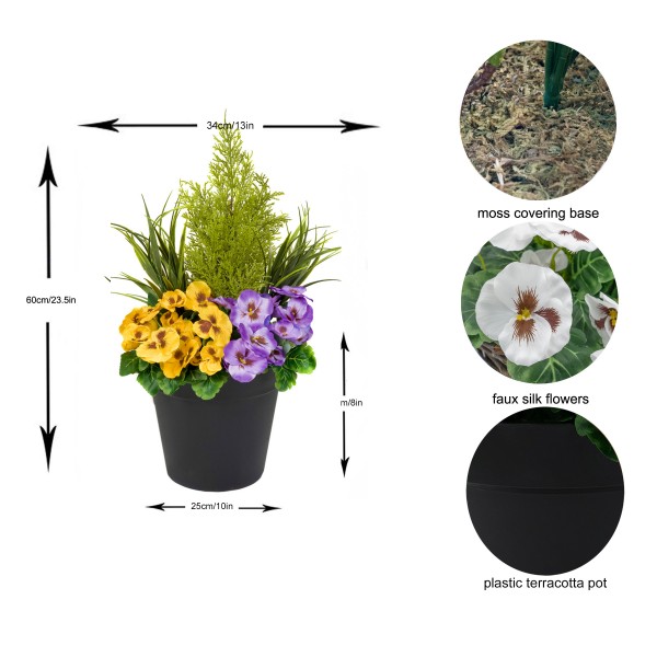Artificial Purple & Yellow Pansy Black Patio Planter 60cm/24in - GB1080