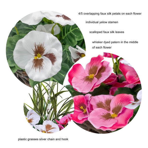 Artificial Pink & White Pansy Round Rattan Hanging Basket (Set of 2) - GB1007