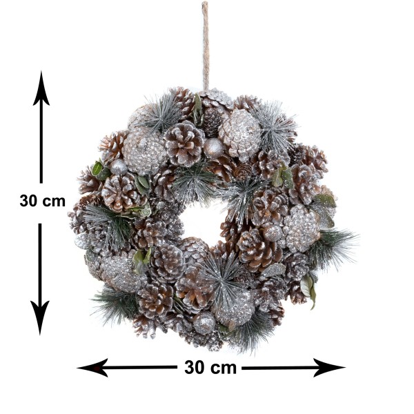 GreenBrokers Christmas Wreath 30cm Silver Pine Cones Fir Sprigs & Baubles D1230