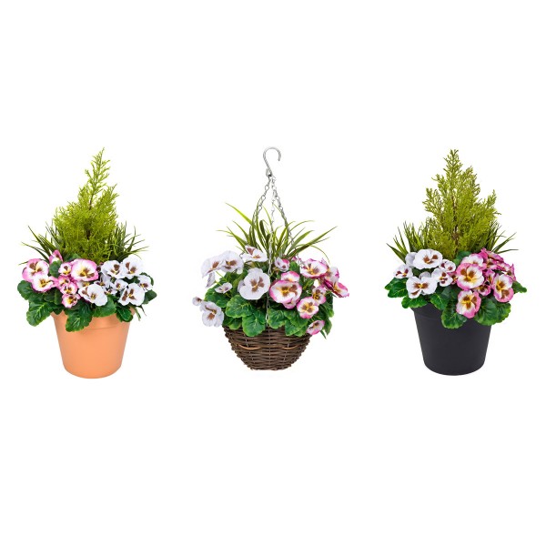 Artificial Soft Pink & White Pansy Black Patio Planter 60cm/24in