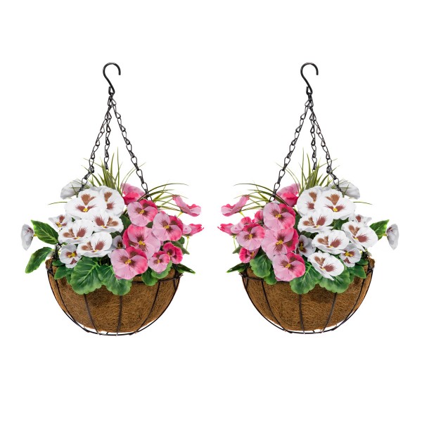Artificial Pink & White Round Coir Hanging Basket (Set of 2) - GB1158