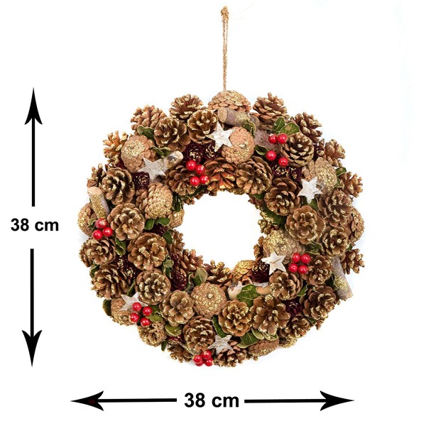 Christmas Hanging Wreath Festive Pine Cone Display Gold Frosting 38cm 